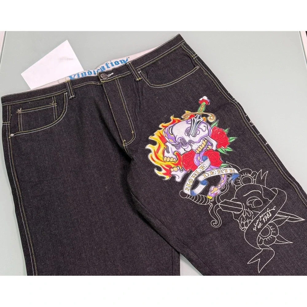 VTG Y2k Raw Blue Jeans Men 42x34 Black Denim Embroidered Embellish Skull Baggy‎